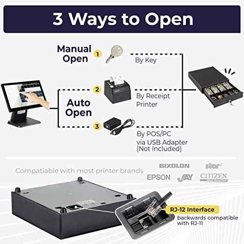 Volcora 13" Electronic Cash Register Drawer for Point of Sale (POS) System with 4 Bill 5 Coin Cash Tray, Removable Coin Compartment, 24V, RJ11/RJ12 Key-Lock, Media Slot, Black - for Small Businesses