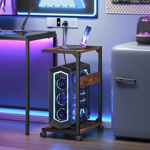 HOOBRO Rustic Brown 2-Tier Computer Tower Stand with Charging Station, Locking Casters