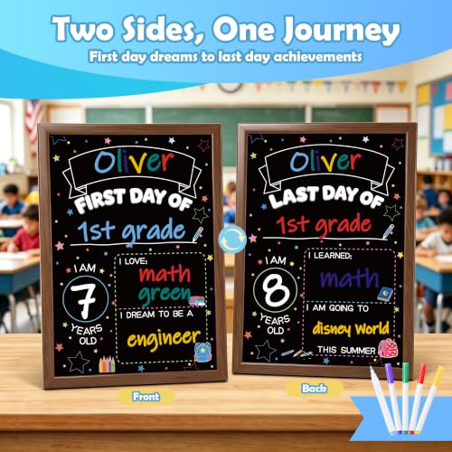 VUSIGN Double Sided Chalkboard Sign for First & Last Day of School - Wood Frame, 14x10 Inches, Includes Markers