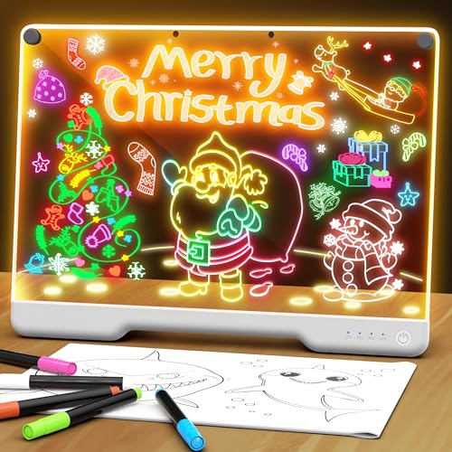 Portable LED Note Board with Colors, Rechargeable 16-inch 7 Light Effects Doodle Glow Memo Message Dry Erase Drawing Lumi Board with Stand for Gift/Classroom/Office/Kids, 5 Markers & Sketchbook