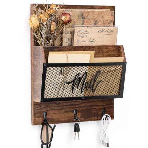 Farmhouse Mail Organizer Wall Mounted Rustic Mail Holder Hanging Key Sorter with 3 Hooks Indoor Wooden Wall Mounted, Letter, Magazines, Newspapers, Keys(Brown)