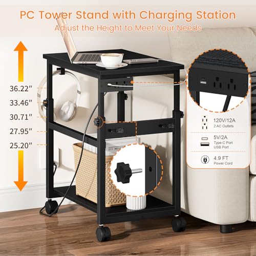Snughome Extra-Large Adjustable Computer Tower Stand with Charging Station, 25.2–36.22 in, Mobile CPU Cart with Locking Wheels