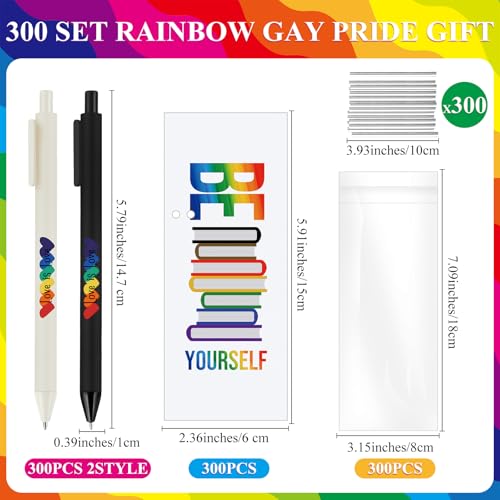 Spakon 300 Sets Rainbow Gay Pride Gift Include Retractable Writing Ballpoint Pen Paper LGBT Greeting Cards OPP Bags for Lesbian Pride Month Love Is Love Anniversaries Women Men Office Supplies