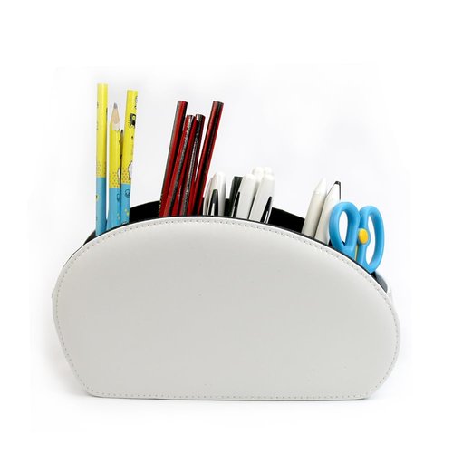Fosinz Remote Control Holder Organizer Stable Table Desk Leather Control Storage TV Remote Control Organizer with 5 Spacious Compartments (White with Metal Bottom)