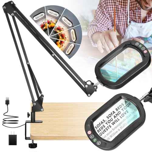 10X Rectangle Magnifying Glass with Light and Clamp, 2*16 Inch Large Swivel Arm LED Desk Lamp, 5 Color Modes Brightness Steepless Dimming, Hands Free Lighted Magnifier Stand for Craft Reading Painting