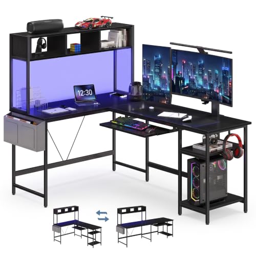 DUMOS 67" L-Shaped Gaming Desk with Reversible Layout and LED Lighting