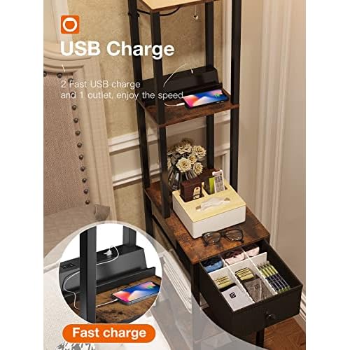 addlon Floor lamp with 2 USB, 1 Outlet and Drawer, 3 Color Temperatures LED Bulb (9W), Sofa lamp with White lampshade, Display Floor lamp with Shelves for Living Room, Bedroom and Office - Brown