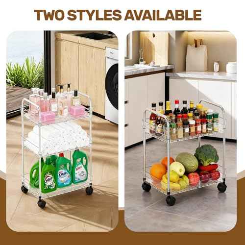 Betoveren 3 Tier Utility Rolling Cart with Wheels Multifunctional Storage Cart Clear Movable Storage Organizer with Handle and Hooks for Home Kitchen Office Bathroom Organization Transparent