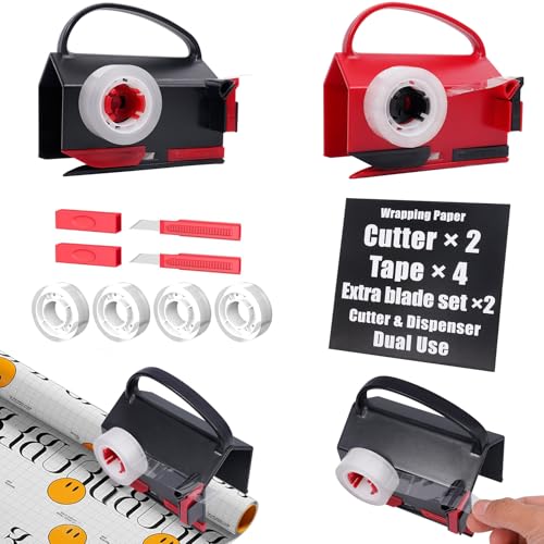 Wrapping Paper Cutter & Tape Dispenser? Dual-Use Gift Wrap Tool with 4 Tapes & 2 Replacement Blades ? Paper Roll Holder for Christmas, Birthday, Holiday ? Sliding Slicing Tube Design (2-Pack)