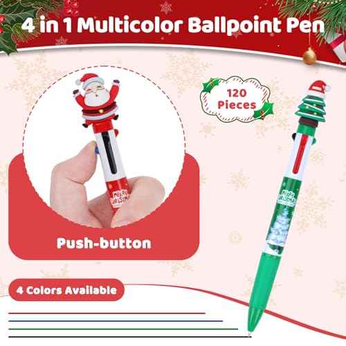 120 Pieces Christmas Multicolor Pens All In One 4-in-1 Ballpoint Pen 0.5mm Christmas Retractable Pen Santa Snowman Reindeer Writing Pens for Xmas Students School Office Coworker Supplies Gifts