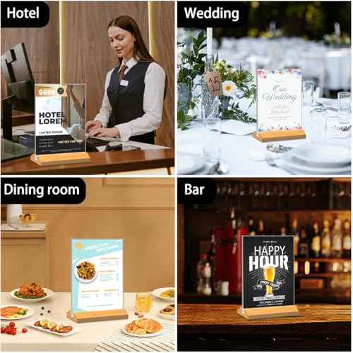 Acrylic Sign Holder 8.5 x 11 Inch 10 Pack, Wood Base Paper Stand for Menu Flyer Display, Table Top Clear Plastic Picture Frame for Stores, Restaurants, Hotels, Office, Farmers Market Show Fair Decor.