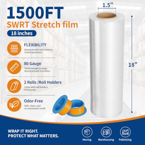 SWRT Heavy Duty 18in x 1500ft Plastic Stretch Wrap Roll for Moving & Storage