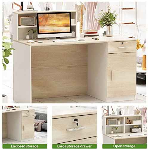 FAMAPY Reception Desk Retail Counter with Lockable Drawer & Shelves, Front Desk Reception Table for Salon Lobby Shop White and Oak 55.1'W x 23.6'D x 43.3'H
