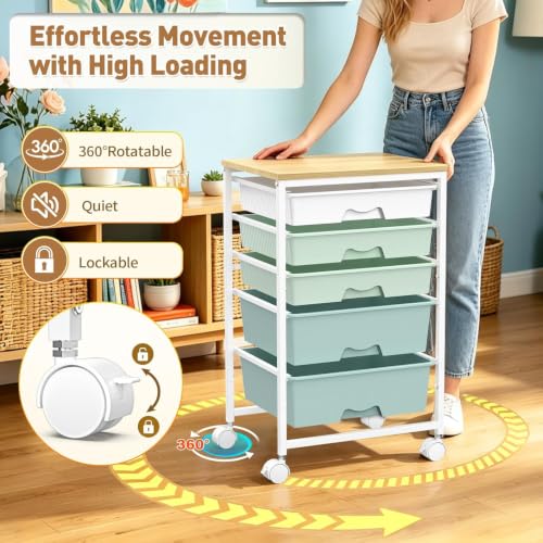 SUNALLY Green 5-Drawer Rolling Storage Cart with Wooden Top & Locking Wheels