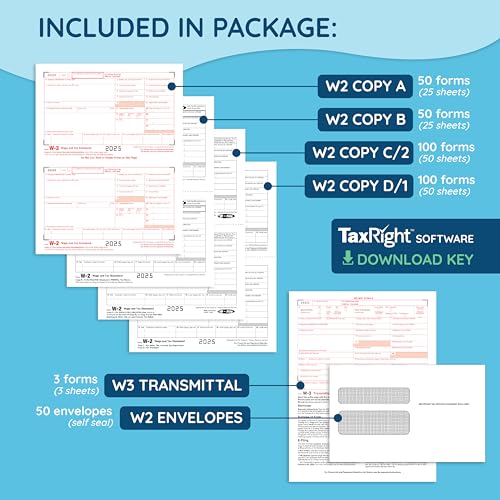 W2 Bundle with TaxRight 2025 Software, 50 W-2 6 Part Tax Forms for Employees, QuickBooks Compatible Laser Forms, Includes 2025 TaxRight Software Download and 50 Self Seal Envelopes