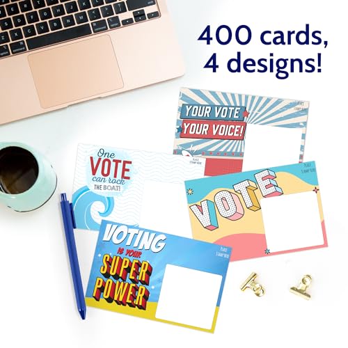 T MARIE 400 Bulk Voter Postcards 4x6-4 Vibrant Designs, Blank Back for Personalized Messages, Smear-Resistant Uncoated Cardstock, Spark Change and Encourage Voting in Your State