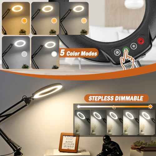 Veemagni 10X Magnifying Glass with Light and Stand, 5 Color Modes Stepless Dimmable 2-in-1 Desk Lamp & Clamp, LED Lighted Magnifier with Light, Hands Free for Repair Craft Hobby Close Work