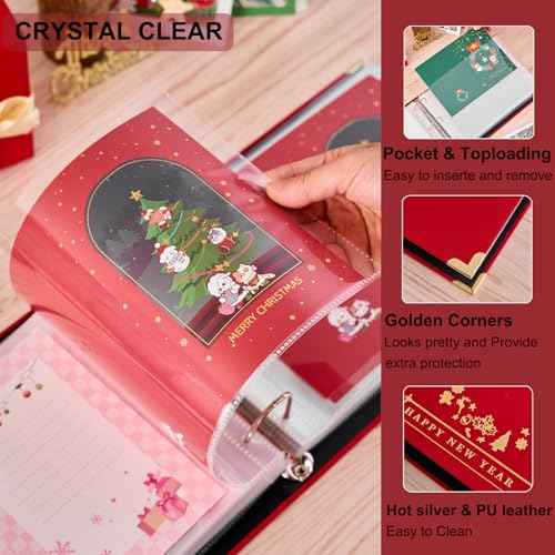 MANWU Christmas cards organizer binder album, greeting cards display organization Storage Holder, Cardkeeper special cards leather book, holds 100 cards (Golden)