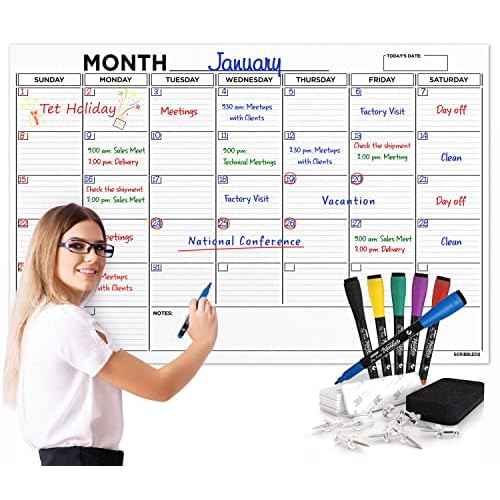 Large 36"x48" White Board Calendar Blank Dry Erase Calendar for Wall Big Dry Erase Wall Calendar Monthly Large Wall Calendar Dry Erase Board Planner Includes 6 Markers Eraser Push Pins & Mounting Tape