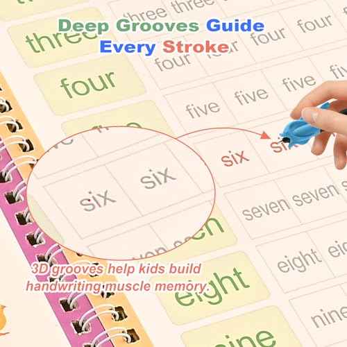 Magic Grooved Practice Copybook for Kids 3-8 - 6 Reusable Handwriting Practice Books with Pens | Letter & Number Tracing, Math & Drawing | Preschool & Kindergarten Workbook Set