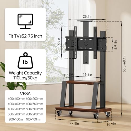 Mobile TV Stand Rolling TV Cart with Wheels for 32-75 Inch Flat/Curved Led/LCD/OLED Portable Floor TV Stand with Shelf, Height Adjustable Heavy-Duty Holds up to 180lbs,Max VESA 600 * 400mm (Black)