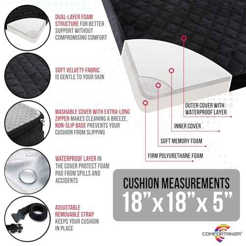 Booster Cushion for Adults - 18x18x5 Medium-Firm Seat Cushion for Home, Office, Wheelchair, Car - Washable Velvety Cover with Waterproof Layer, Removable Strap & Non-Slip Base - Black