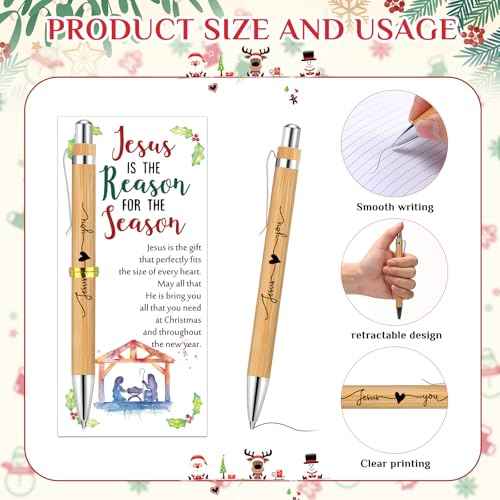60 Sets Christmas Christian Gifts Jesus Loves You Bamboo Christian Pens Retractable Bible Verse Pens Bulk with Religious Christmas Cards Church Gifts for School Women Men
