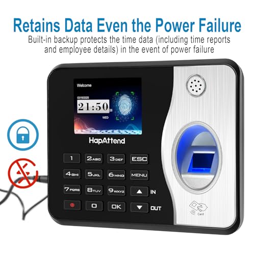 HapAttend Biometric Employee Time Clock with RFID, No WiFi, Auto Hours Calculation