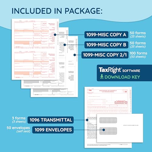 2025 1099 MISC Forms with TaxRight Software (Formerly Known as TFP), 50 Vendor Kit of Laser Forms, Designed for QuickBooks, TaxRight Download and 50 Self Seal Envelopes Included