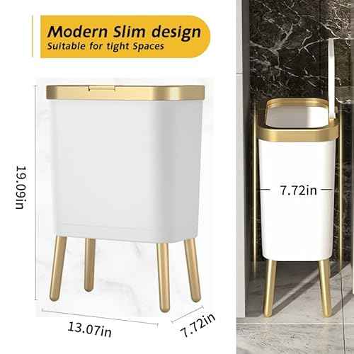 Procade Bathroom Trash Can with Lid, Plastic Garbage Can with Legs, 4 Gallon Gold Trash Bin with Push Button, Narrow White Trash Can Waste Basket for Bedroom, Living Room,Office£¬Dog Proof Trash Bin