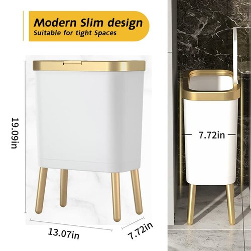 Procade Bathroom Trash Can with Lid, Plastic Garbage Can with Legs, 4 Gallon Gold Trash Bin with Push Button, Narrow White Trash Can Waste Basket for Bedroom, Living Room,Office，Dog Proof Trash Bin