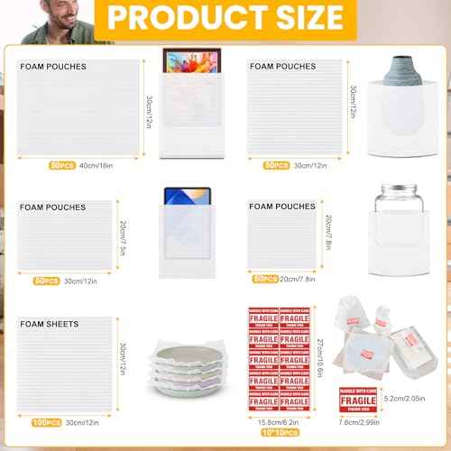 400PCS Moving Packaging Supplies,300 Cushioning Foam Pouches and Sheets,4 Sizes(16"x12",12"x12",12"x7.8",7.8"x7.8") with 100 Fragile Stickers,Packaging Foam Pouches for Protect Dishes Glasses Storage
