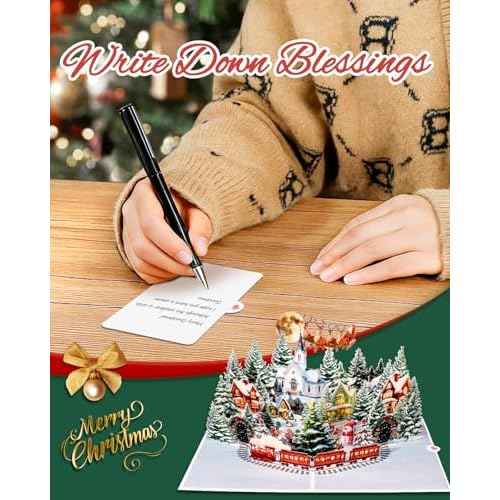 Winter Village Pop up Christmas Cards - 5x7 Xmas Cards with Envelope & Blank Note, Handmade 3D Merry Christmas Gifts for Husband Wife Daughter Son Family, Festive Night Santa Sleigh & Snowman