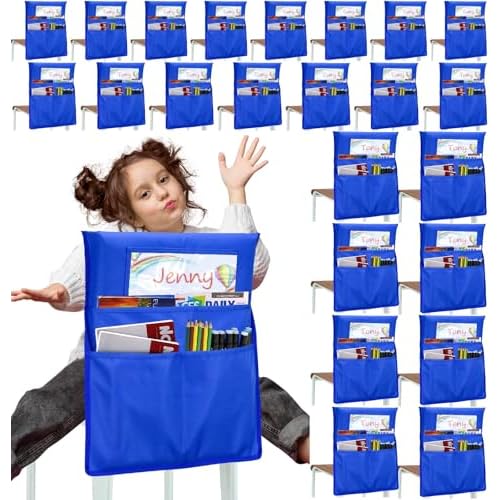 EAONE Chair Pockets for Classrooms Set of 24, Large Capacity Seat Pockets Organizer 17¡± x 19¡±, Back of Chair Storage Bag with DIY Name Tags for Student School Classroom Supplies, Blue