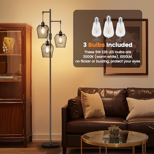Dimmable Floor Lamp, Farmhouse Industrial Floor Lamp with Elegant Cage & 3 x 1000LM LED Bulbs, Tall Standing Lamp Black Tree Floor Lamps for Living Room Bedroom Office