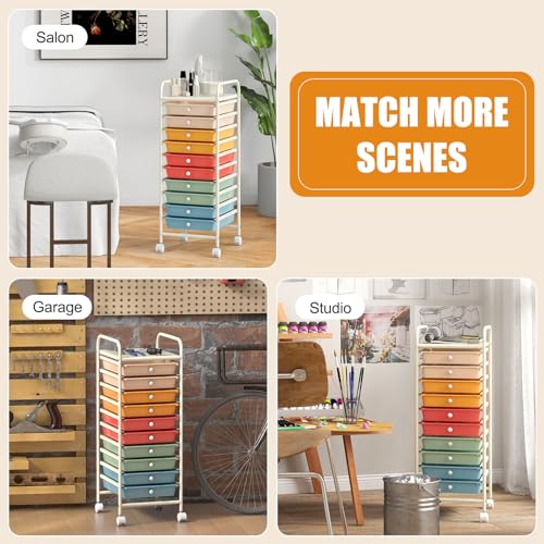 HOMGX Storage Cart with 10 Drawers, 10 Tiers Rolling Drawer Cart with 2 Lockable Wheels, Slim Rolling Storage Cart for Office/School/Home, Macaron