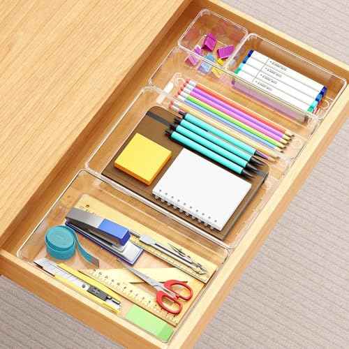 Drawer Organizers Set of 12, 4 Sizes Clear Plastic Drawer Organizers and Storage Bins for Kitchen, Bathroom, Office, Dresser Desk Drawer Organizer Tray for Jewelry, Makeup, Junk, Gadgets