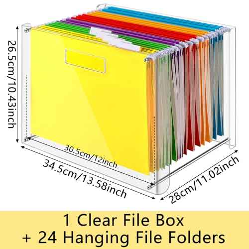24 Hanging File Folder with Acrylic Organizer for Letter/a4 Size Desktop Clear File Storage Box with Handles for Home Work Office Use(Rainbow,Classic)