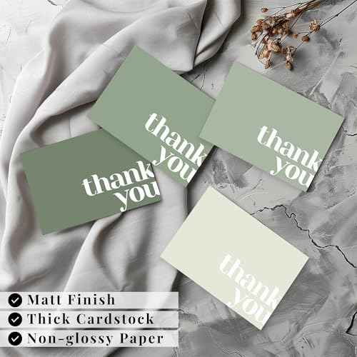 Paper Play Thank You Cards Bulk Pack of 40 Green, 5x3.5 Inches with Matching Stickers & Envelopes, Minimalistic Design Suitable for Business, Baby Shower, Wedding, Small Business, Graduation, Funeral