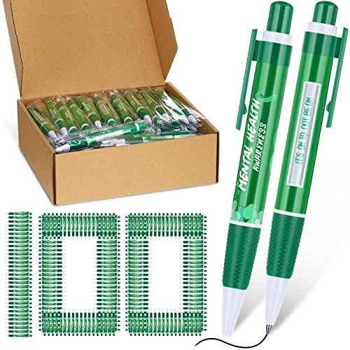 100 Pcs Mental Health Awareness Items Green Ribbon Message Pens World Mental Health Day Retractable Ballpoint Pen for School Nonprofit Organization Charity Classroom Supply Kid Gift 1.0 mm Black Ink