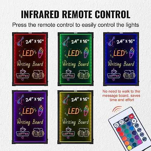 VEVOR LED Message Writing Board, 24"x16" Illuminated Erasable Lighted Chalkboard, Neon Effect Menu Sign Board, Drawing Board with 8 Fluorescent Chalk Markers and Remote Control, for Home Wedding Shop