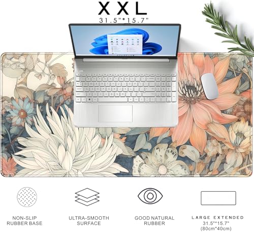 Nasdalgias Pastel Flower Aesthetic Desk Mat 31.5 x 15.7 Inches XXL Large Mouse Pad for Office & Gaming