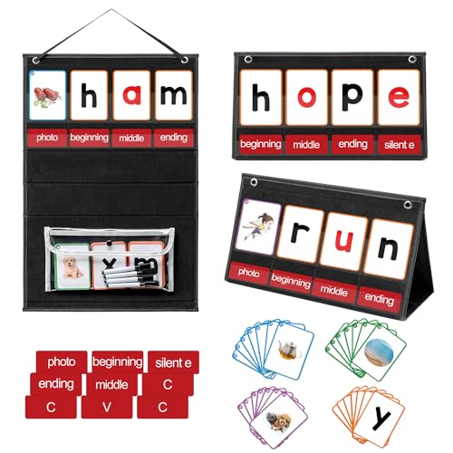 CVC Word Builder Desktop Pocket Chart with 107 Cards, Kids Word Builder Games for CVC CVCC CCVC Learning Reading Spelling Early Education Tool for Preschool Kindergarten Classroom.