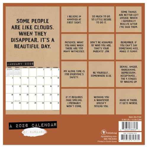 TF Publishing 2026 Anti-Affirmations & Sarcasm Mini Calendar w/Monthly Grids for Appointments/Scheduling - Vertical Small Wall Calendar 2026 w/Matte Paper for Home and Office Organization - 7x7in