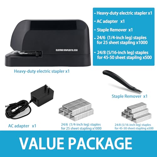 LKTOBS Heavy Duty Electric Stapler, 45-Sheet Capacity, Includes 1500 Staples & Remover, Black (AC Adapter Powered)