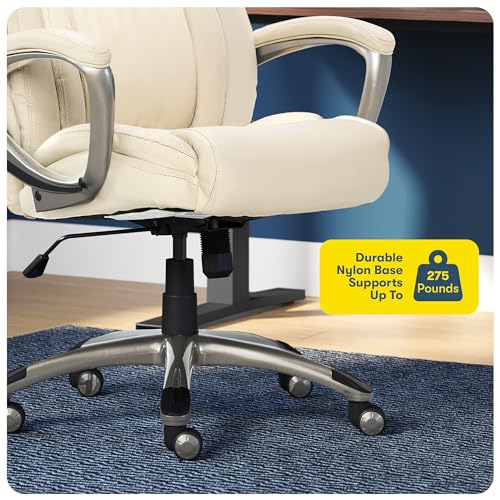 Serta Garret Executive Office Chair, Ergonomic Mid-Back with Lumbar Support, Semi-Plush Cushion and Body Pillows, Padded Armrests, Swivel Base, Bonded Leather, Ivory White