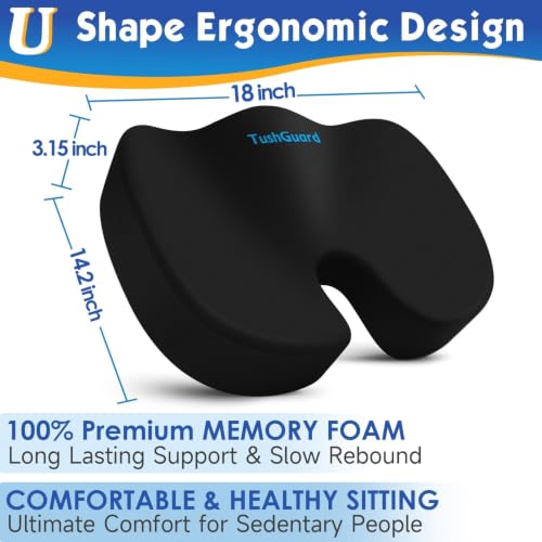 TushGuard Memory Foam Seat Cushion - Black, Large for Office Chair, Car
