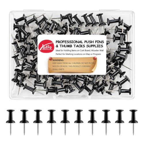 Yalis 100-Count Black Push Pins Thumb Tacks – Steel Point & Plastic Head