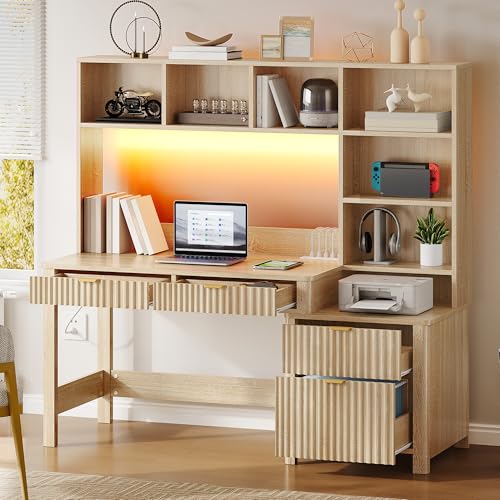 YITAHOME Computer Desk with Hutch and Drawers - Natural Oak