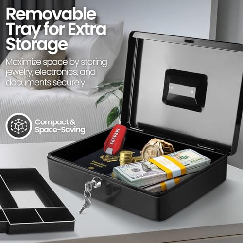 Flexzion Black Cash Box with 9-Compartment Tray, Lock & Key – Portable Money Box for Checks & Coins